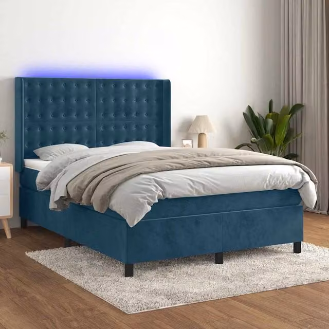 Cama Box Spring Maison Exclusive con Colchón Híbrido de Muelles Ensacados, Iluminación LED y Puerto USB, Tapizada en Terciopelo Azul Oscuro, An/P/Al: 140 x 200 x 118 cm