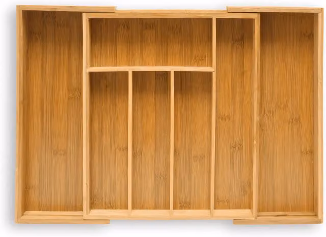 Organizador de cubiertos extensible Relaxdays de bambú con compartimentos, color marrón natural, An/P/Al: 29-48 x 34 x 5 cm