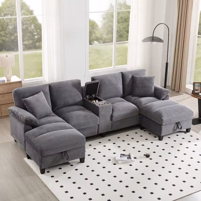 Sofá Modular en Forma de U DREAMMESPACE de 4-6 Plazas en Terciopelo Acanalado Gris con Puertos USB, Portavasos y Cojines, An/P/Al: 293 x 142 x 93 cm