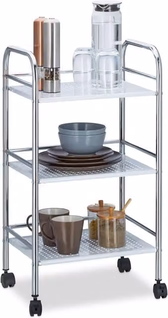 Carrito camarera de cocina relaxdays en metal con 3 estantes, asa y ruedas, An/P/Al: 75 x 40,5 x 31 cm, blanco