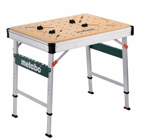 Mesa de trabajo multifuncional plegable y con altura ajustable Metabo en aluminio y madera, color gris y beige, An/P/Al: 120 x 83 x 75 cm