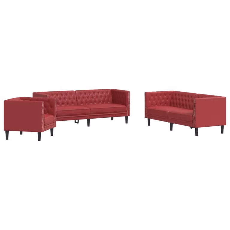 Juego de sofás Chesterfield vidaXL de 3 piezas en cuero sintético color rojo