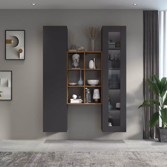 Conjunto de muebles de salón Maruska con vitrina y columna en antracita y roble An/P/Al: 140 x 30 x 180 cm