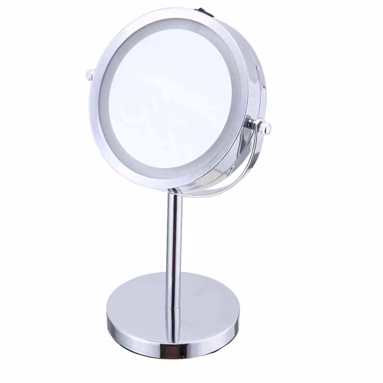 Espejo de aumento GUY LEVASSEUR de acero inoxidable con luz LED, color plata y gris, diseño moderno para mesa