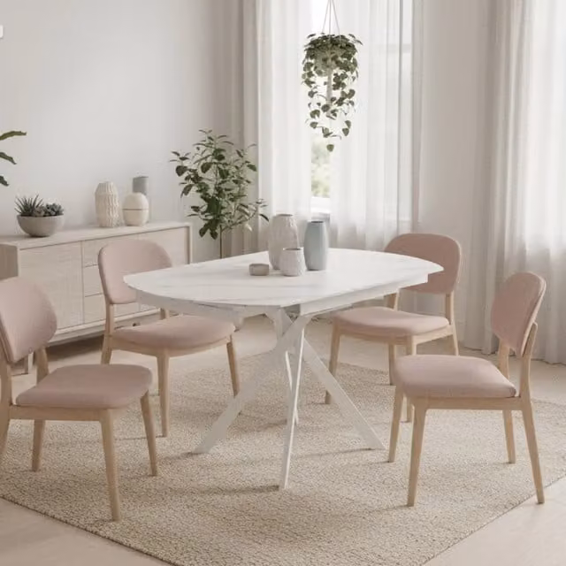 Mesa extensible de cerámica DUZZLE para cocina y salón en color blanco con acabado mate y estructura de metal de diseño moderno