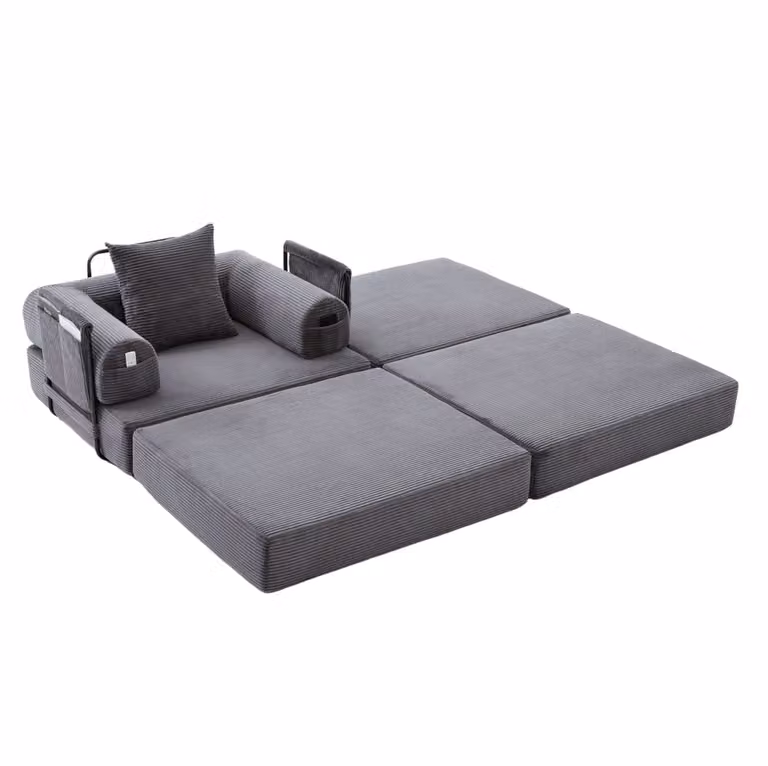 Sillón de pana gris con reposapiés OKWISH para salón o dormitorio, An: 112 cm, P: 190 cm, Al: 67 cm