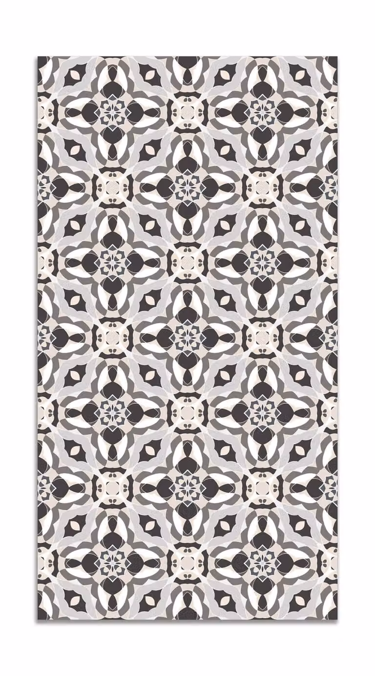 Alfombra vinílica de diseño oriental caleidoscopio en color gris, An/P: 200 x 250 cm