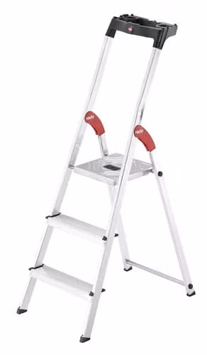 Escalera de tijera de aluminio Hailo Easyclix FR de 3 peldaños con bandeja en color gris y plata