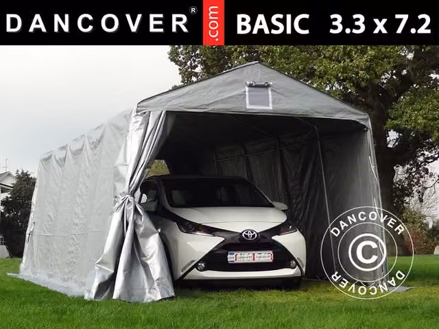 Carpa de garaje Basic DANCOVER en color gris con estructura de acero galvanizado, An/P/Al: 330 x 720 x 240 cm