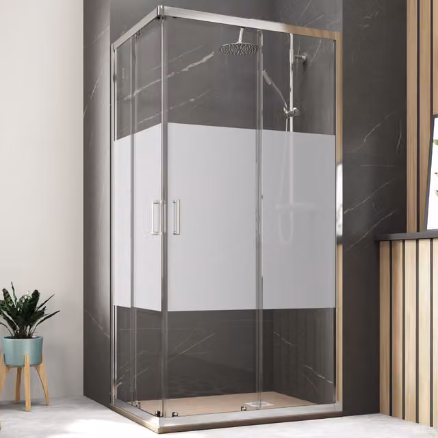 Mampara de ducha rectangular angular BAÑO TOTAL con puertas correderas y paneles fijos, cristal de 5 mm con serigrafía y tratamiento antical, perfil de cromo An/P/Al: 70 x 80 x 190 cm