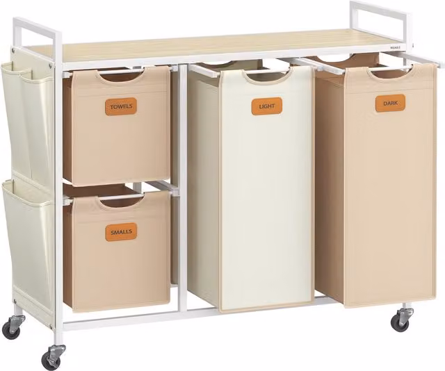 Cesto para ropa sucia Vasagle con 4 compartimentos y bolsas extraíbles de 150 l en beige, marrón y blanco