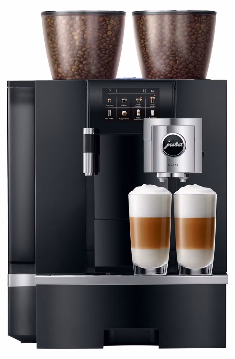 Máquina de café profesional JURA GIGA X8 en color plata y negro con doble molinillo, pantalla táctil y sistema de pago integrado Payment Connect