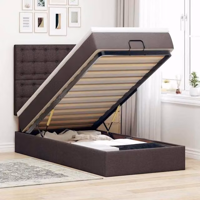 Estructura de cama otomana con colchón Maison Exclusive en tela marrón y blanco, An/P/Al: 90 x 190 x 128 cm
