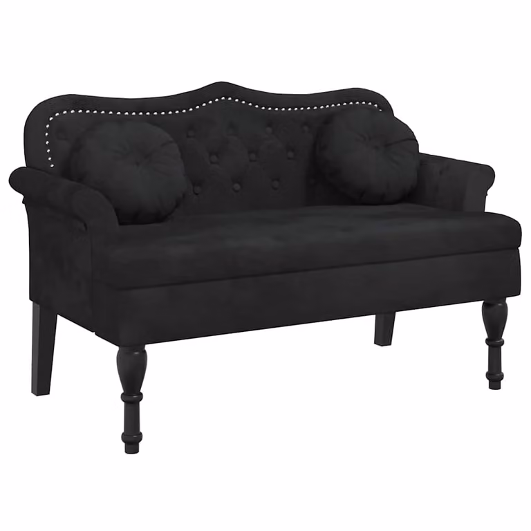 vidaXL Banco con cojines de terciopelo negro con reposabrazos y estructura de madera de caucho An/P/Al: 120,5 x 65 x 75 cm