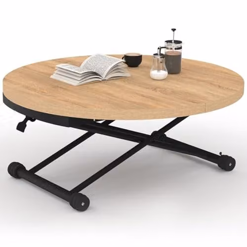 Mesa de centro extensible y abatible IDMarket con diseño industrial, convertible en mesa de comedor redonda, madera y color negro y marrón, Altura: 100-150 cm