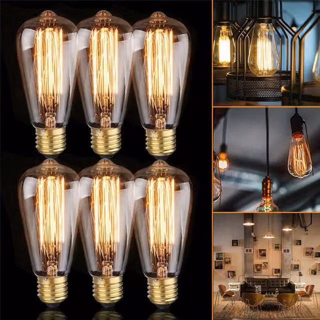 Bombilla Incandescente Edison XISRENS Retro ST64 Transparente E27 60 W 220 V Blanco Cálido An/P/Al: 6,4 x 6,4 x 14 cm