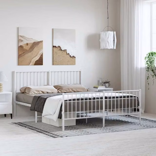 Estructura de cama SYFAX de metal con estribo en color blanco, An/P/Al: 150 x 200 x 90.5 cm