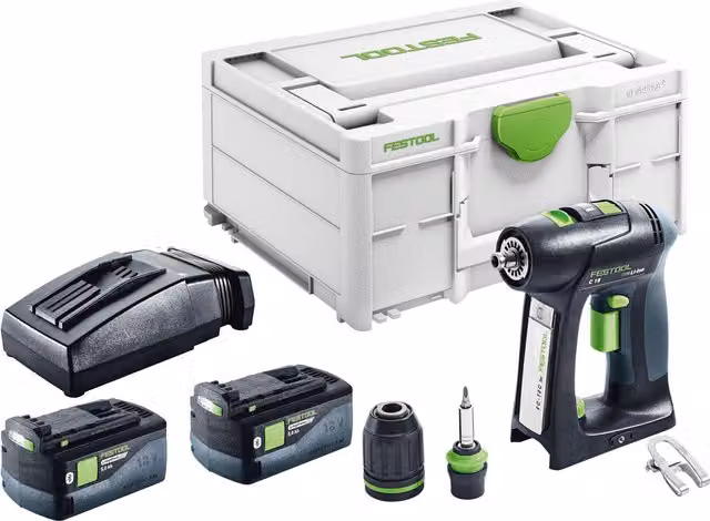 Taladro atornillador a batería Festool C 18-basic 18 V 45 Nm sin escobillas en color gris con 2 baterías recargables de 5,0 Ah, cargador y Systainer