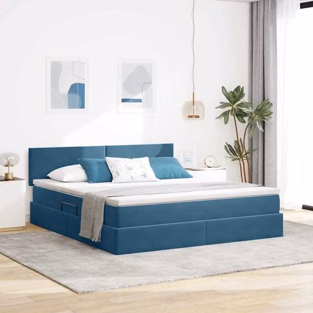 Cama de almacenamiento Maison Exclusive con colchón de muelles, iluminación LED, puerto de carga USB y base abatible, color azul, An/P/Al: 180 x 200 x 204 cm