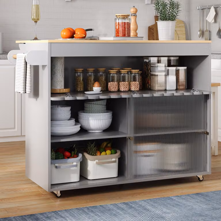 Carrito de cocina MODFU con puertas de vidrio correderas y estantes ajustables, isla de servicio con superficie de trabajo y soporte para paños, color gris, An/P/Al: 110 x 46 x 91 cm