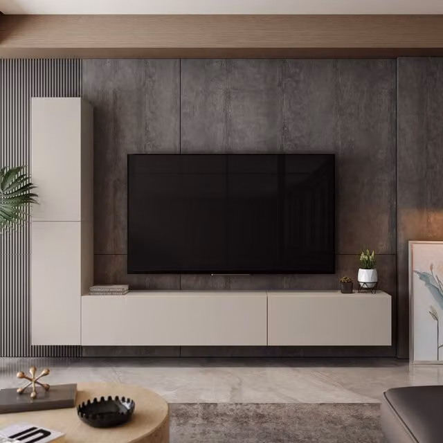 Pared modular DMORA para salón con 4 estantes y puerta abatible, beige