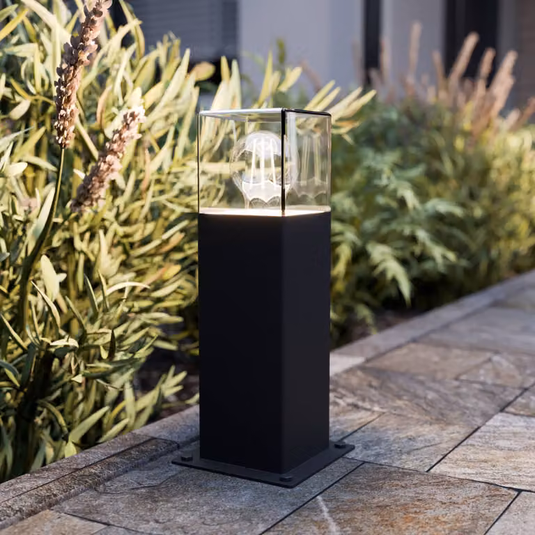 Baliza luminosa de camino Lucande Keke, atenuable, color negro o gris, aluminio y plástico, para jardín, terraza o balcón, Altura: 30 cm