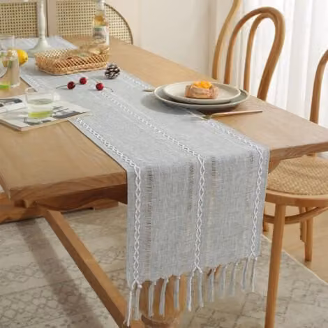 Camino de mesa de macramé con borlas MIMIY de estilo rústico vintage en gris, An/P/Al: 33 x 200 cm