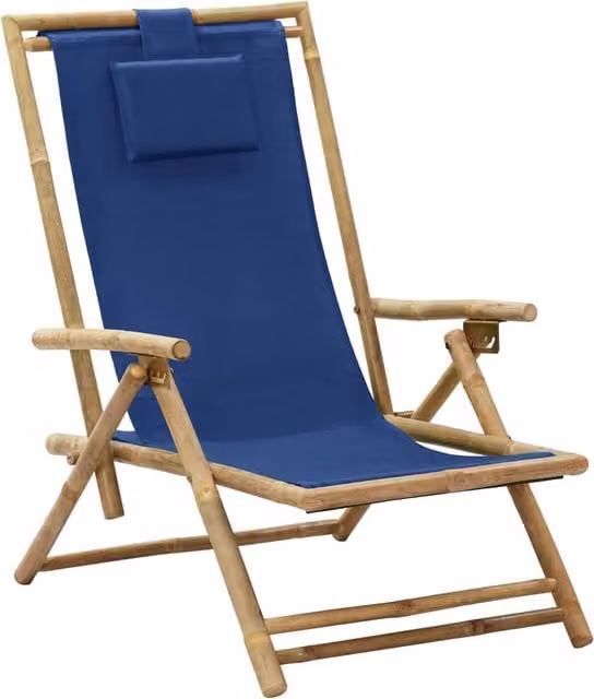 Silla de relax reclinable SYFAX de bambú y tela azul con cojines para jardín o terraza