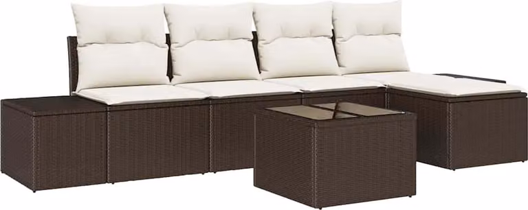 Conjunto de sofá de jardín Syfax de 6 piezas en forma de L con ratán marrón y estructura de acero, incluye cojines y mesa de café para terraza o jardín