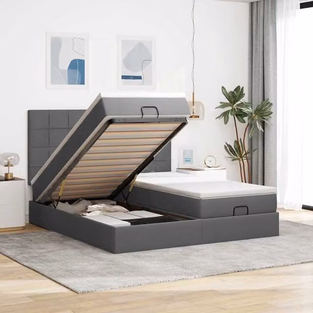 Estructura de cama otomana con almacenaje lift up Maison Exclusive en tela gris oscuro, An/P/Al: 180 x 200 x 28 cm