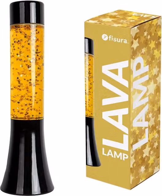 Lámpara de lava Fisura con purpurina de estrellas doradas y líquido amarillo, base negra, Altura: 30 cm
