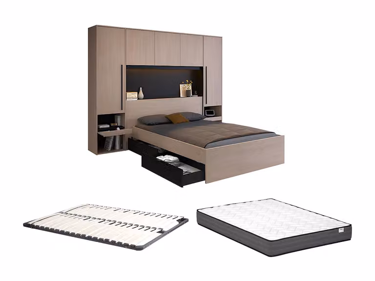 Cama VELONA con compartimentos, cajones e iluminación LED, incluye somier y colchón, An/P: 140 x 190 cm, color marrón y negro