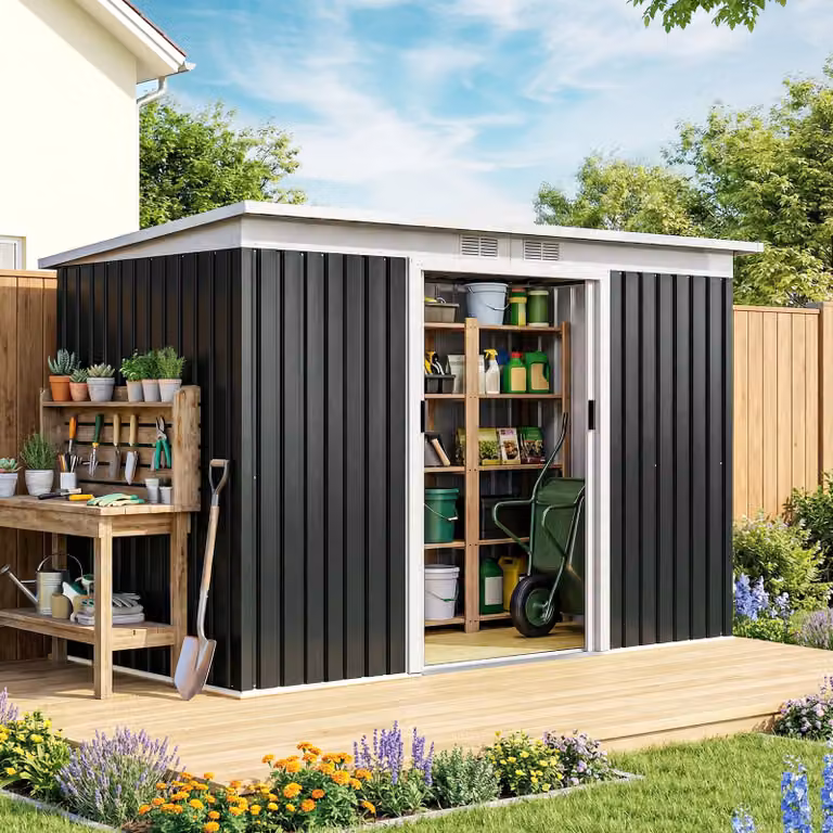 Caseta de jardín Outsunny de acero galvanizado con puerta corredera y ventanas, gris oscuro, An/P/Al: 280 x 130 x 172 cm