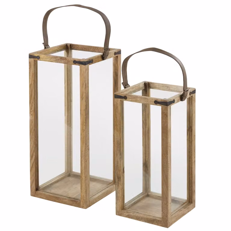 Set de 2 faroles étnicos Maisons du Monde de madera de mango y cuero en colores beige y marrón para mesa