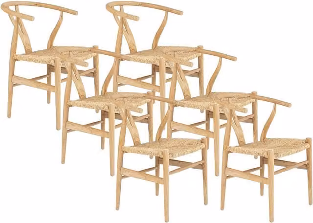 Conjunto de 6 sillas de teca y ratán color beige de estilo escandinavo con reposabrazos para comedor o cocina