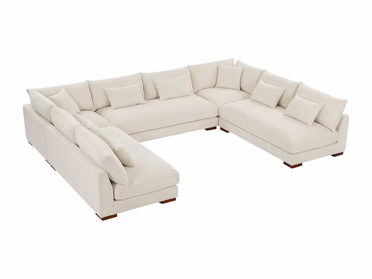Sofá rinconera panorámico SPERONE en pana beige con estructura de madera sólida y cojines incluidos