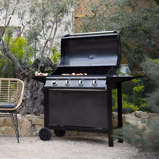 Barbacoa de gas Happy Garden de 4 quemadores con termómetro y ruedas en color negro
