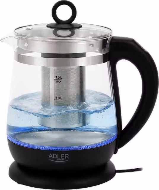 Hervidor de agua Adler AD 1299 de vidrio transparente y negro con capacidad de 1,5 l y 2200 W
