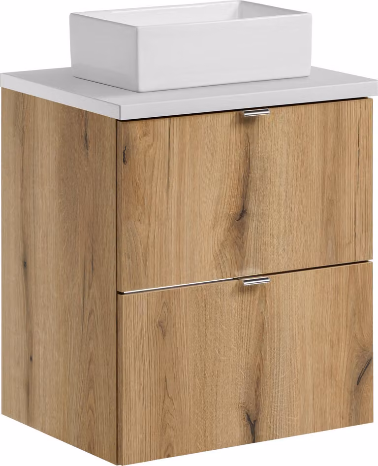Mueble de baño de estilo escandinavo DMK Deutsches Milchkontor en color blanco y beige con puertas batientes y acabado mate