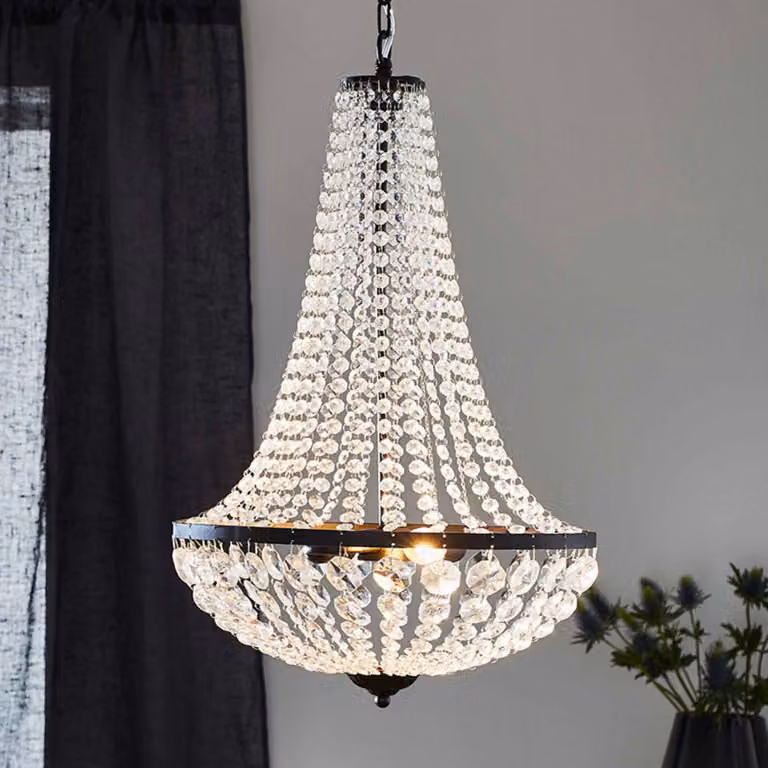 Lámpara de araña de cristal Markslöjd Gränsö, regulable, transparente y negro, ideal para salón o comedor