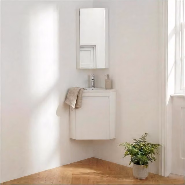 Conjunto de mueble de lavabo de esquina Mob-In Lisa en blanco y plata con lavabo de piedra, armario suspendido y espejo con iluminación LED
