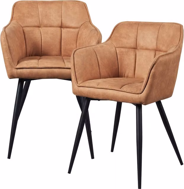 Set de 2 sillas de comedor Birmingham en.casa con reposabrazos y patas de acero, color marrón, Al: 81 cm, An: 57 cm, P: 53 cm