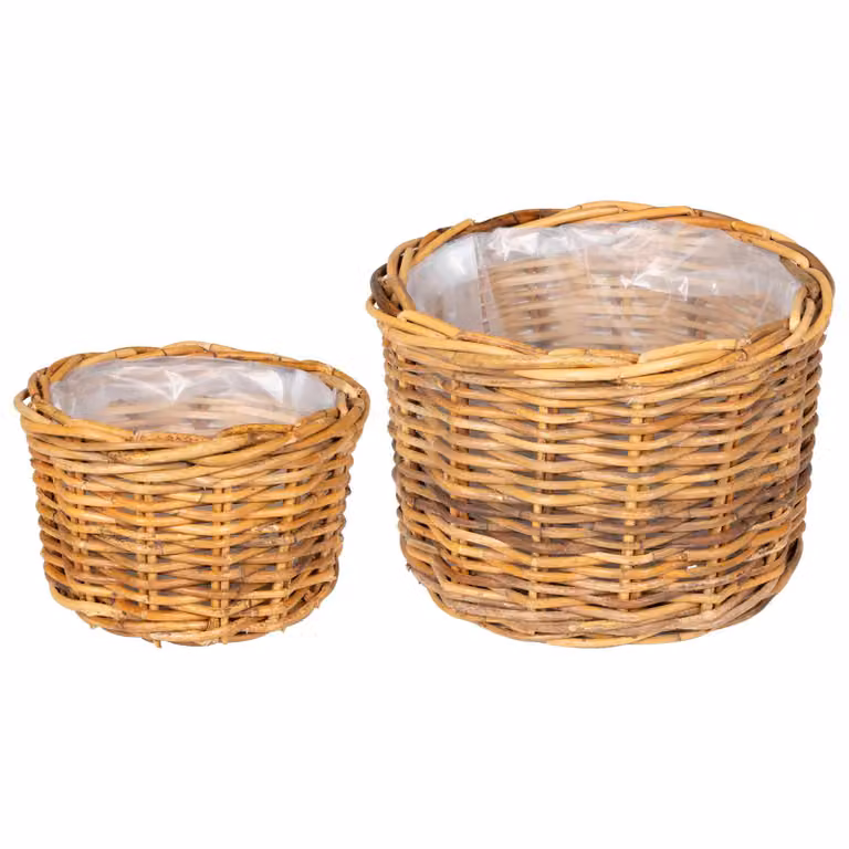 Set de 2 cestas para plantas vidaXL GENDT de ratán y madera en color marrón con forma redonda