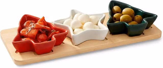 Set de 4 cuencos para aperitivos de porcelana multicolor con bandeja de bambú de NORTHIX