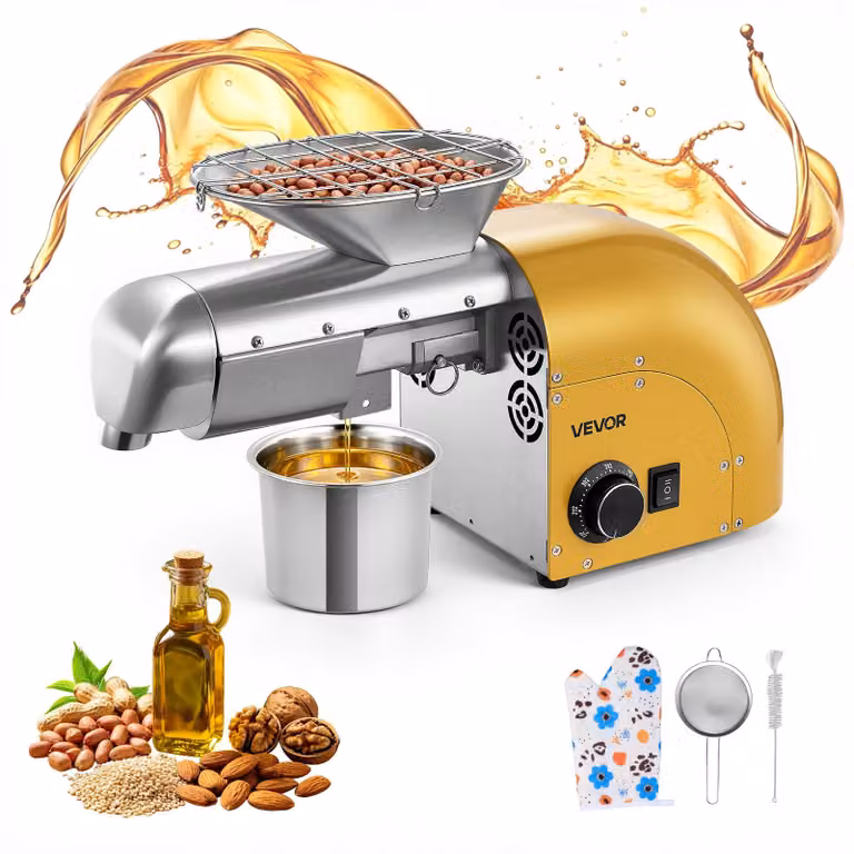 Prensa eléctrica para aceite VEVOR de 1250 W con sistema de prensado en caliente y frío, fabricada en acero inoxidable, color plata, capacidad de 5 kg/h