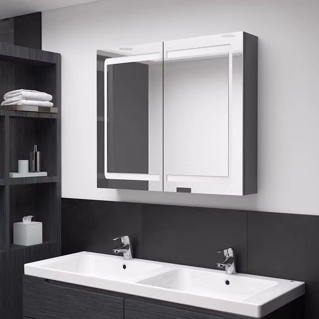 Armario de baño con espejo y LED vidaXL, gris, An: 80 cm, P: 12 cm, Al: 68 cm