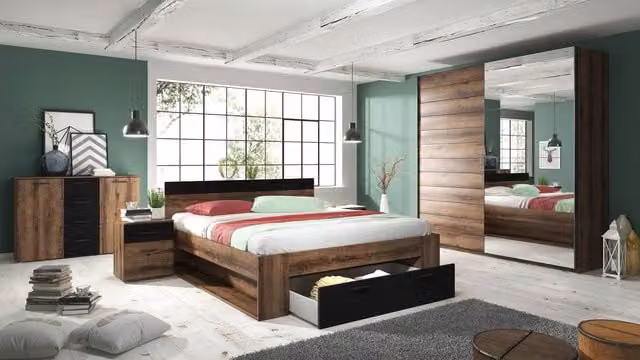 Conjunto de dormitorio moderno Azura Home Design color coñac con cama de 160 x 200 cm, cómoda y mesita de noche