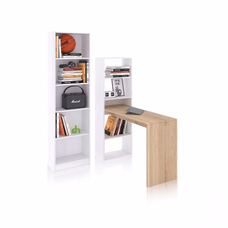 Pack de escritorio y estantería de 5 baldas Cosmic Plus de Duehome en color blanco artik y melamina