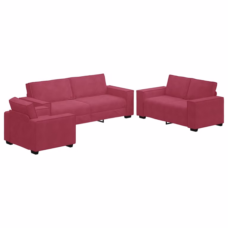 Juego de sofás de 3 piezas vidaXL tapizados en terciopelo rojo con cojines y reposabrazos