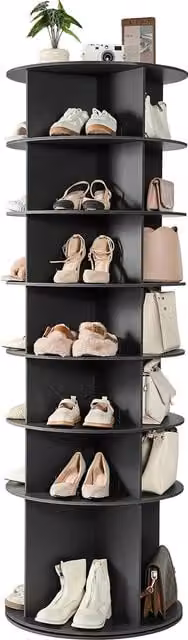 Armario Zapatero Vevor Giratorio 360 con 7 Estantes para 28 Pares de Zapatos, Color Negro, An/P/Al: 59.8 x 59.8 x 180.5 cm